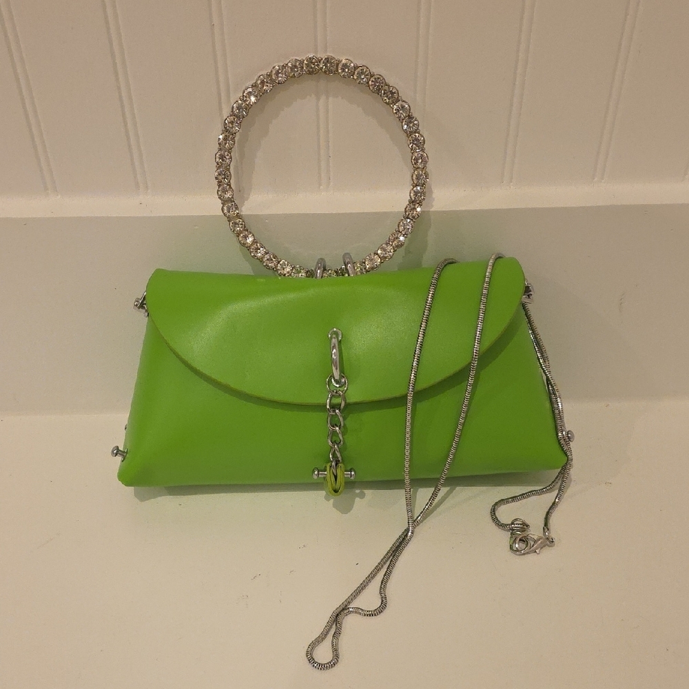 Lime Green Clutch with Rhinestone Handle - Picture 2 of 8